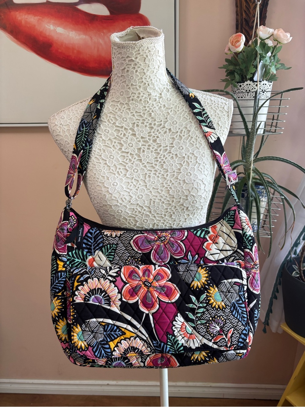 Vera Bradley Quilted Floral Shoulder Bag in Black with Multicolor Flowers